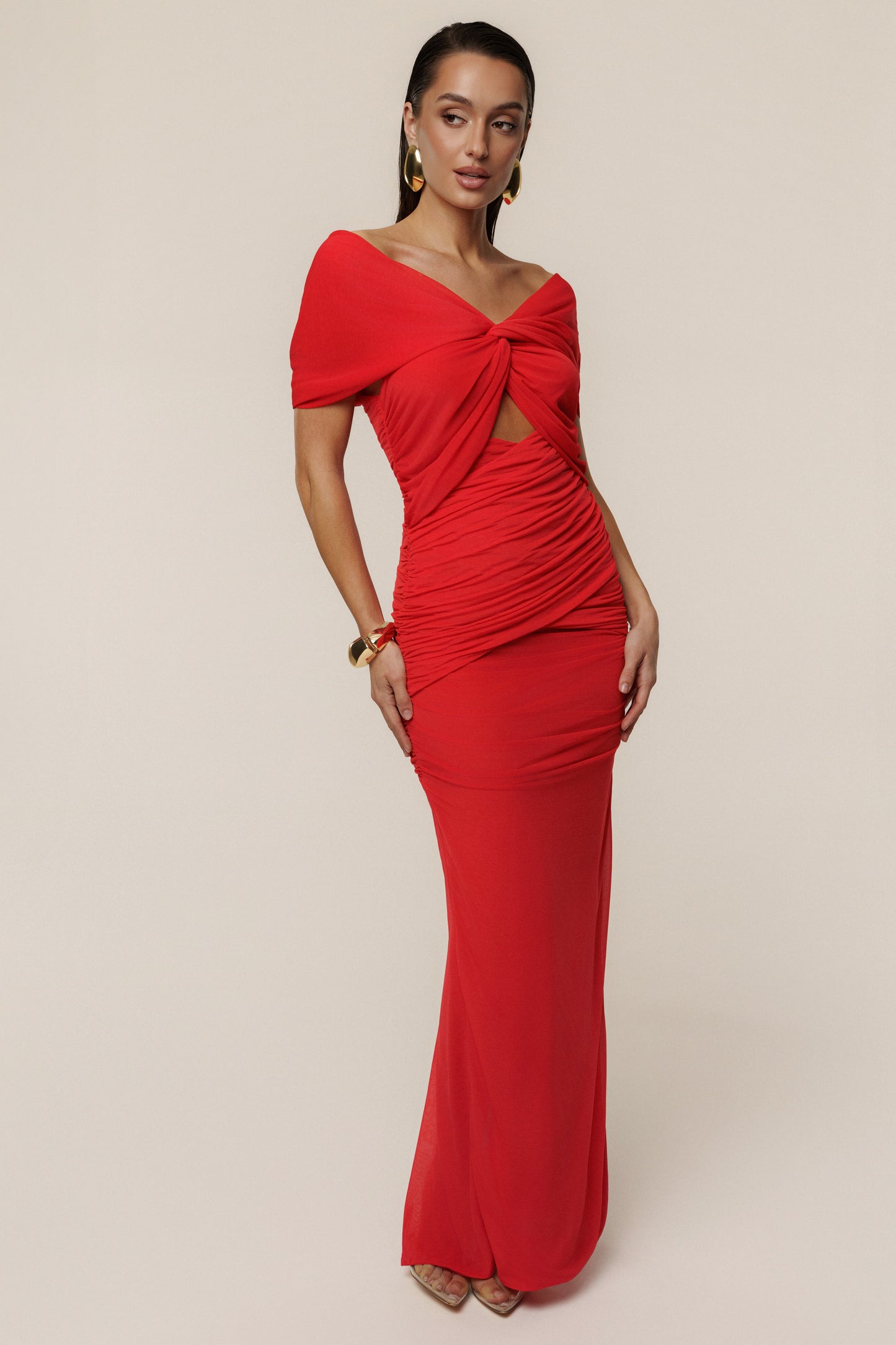 Red Alessandra Off Shoulder Maxi Dress