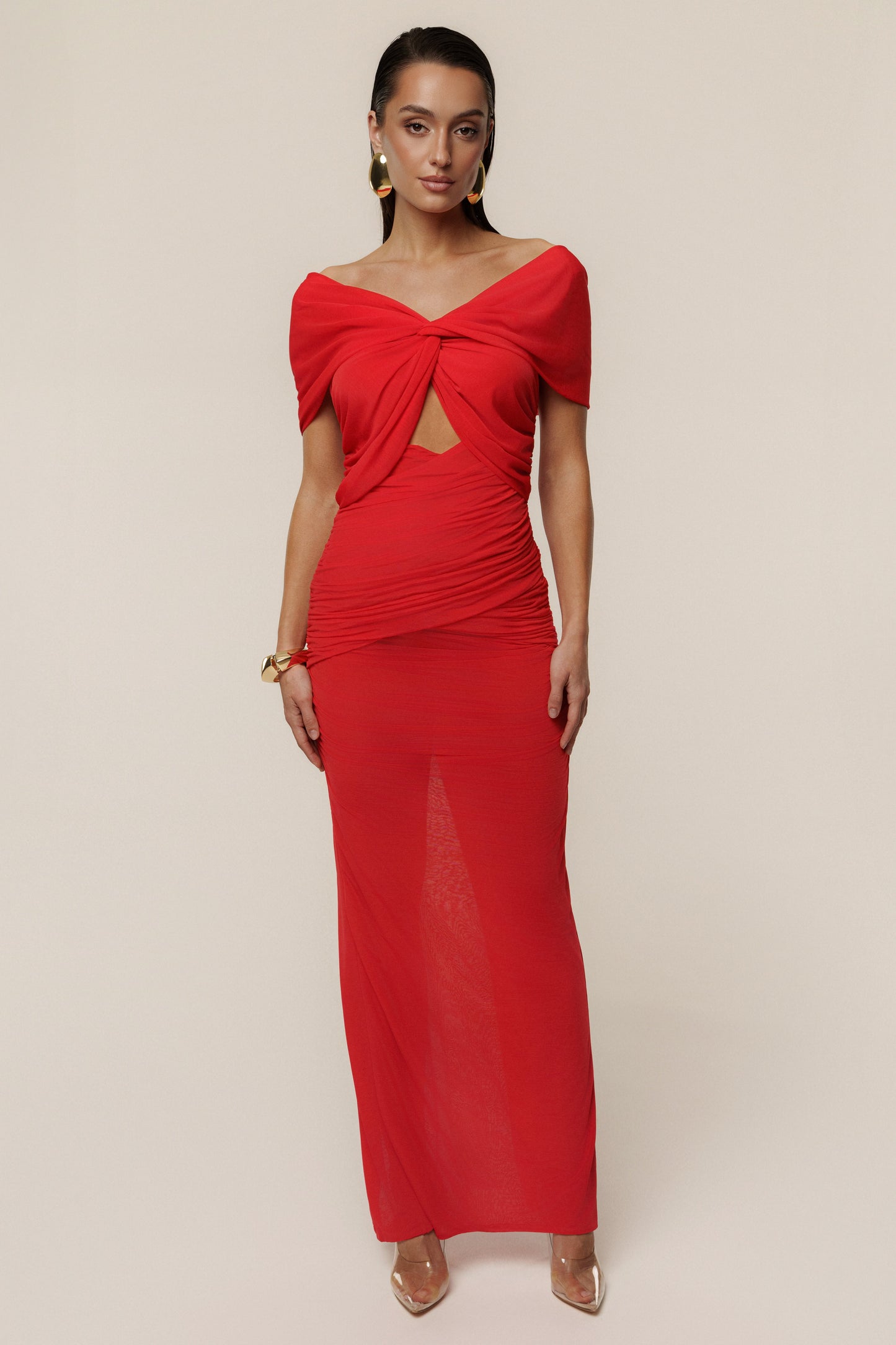 Red Alessandra Off Shoulder Maxi Dress