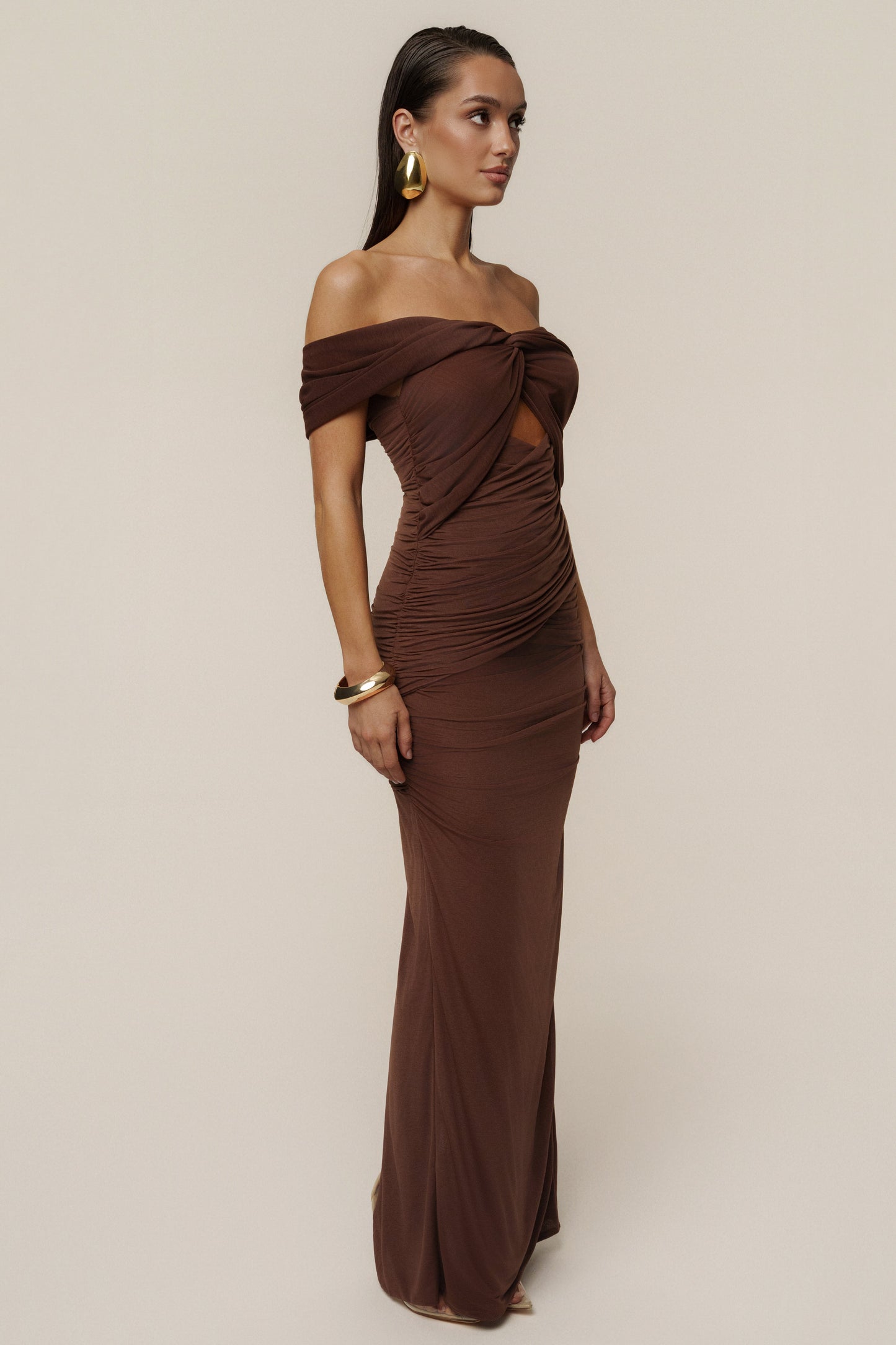 Chocolate Alessandra Off Shoulder Maxi Dress