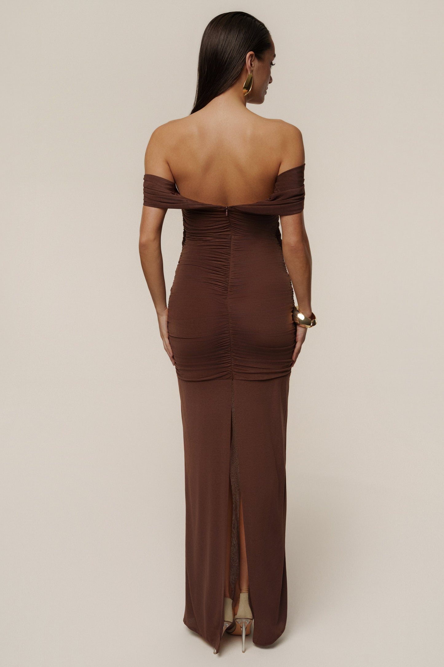Chocolate Alessandra Off Shoulder Maxi Dress