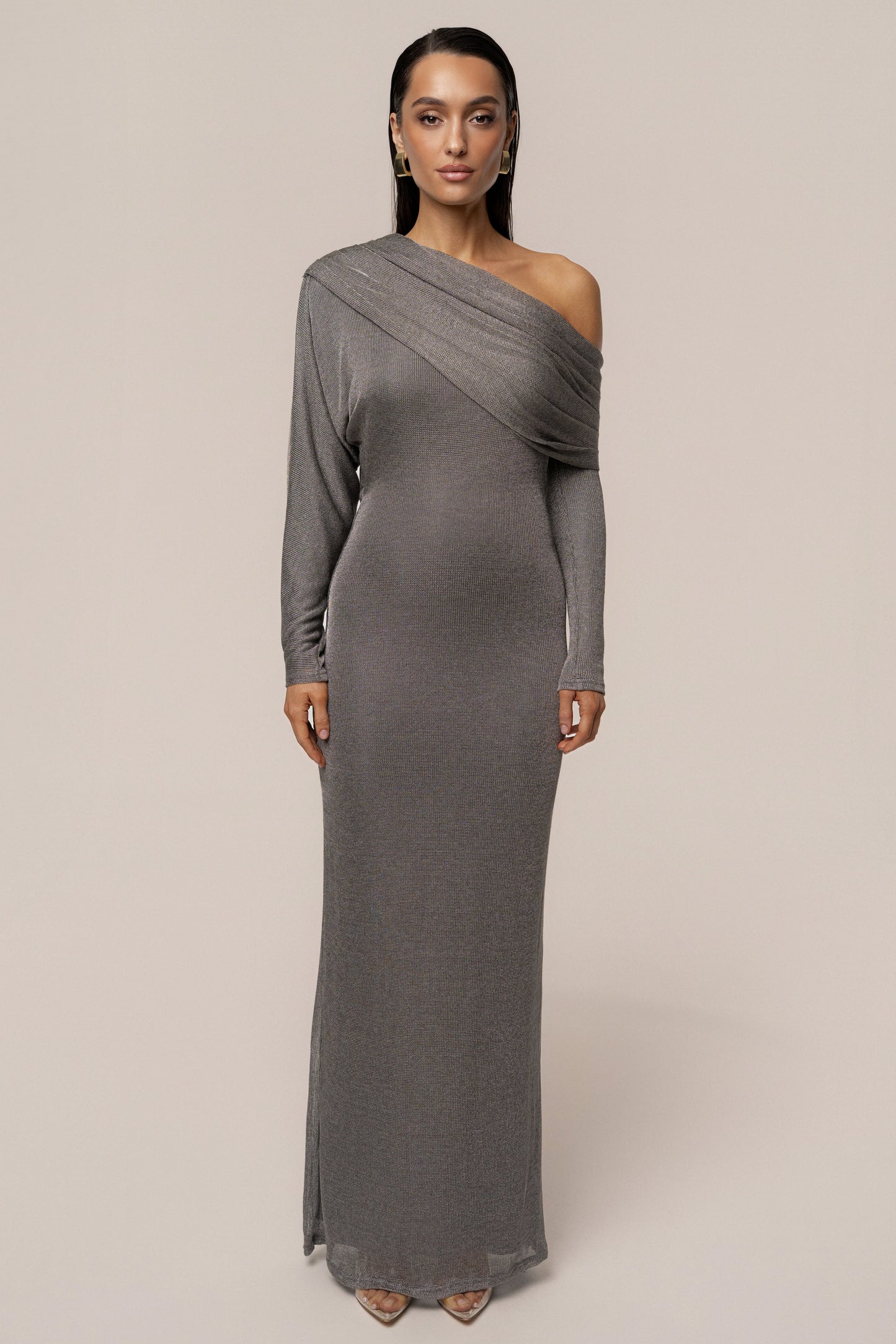 Silver Drape And Shine Maxi Dress