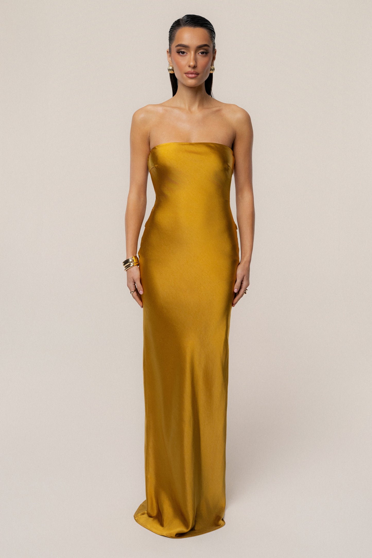 Gold Regal Rising Satin Maxi Dress