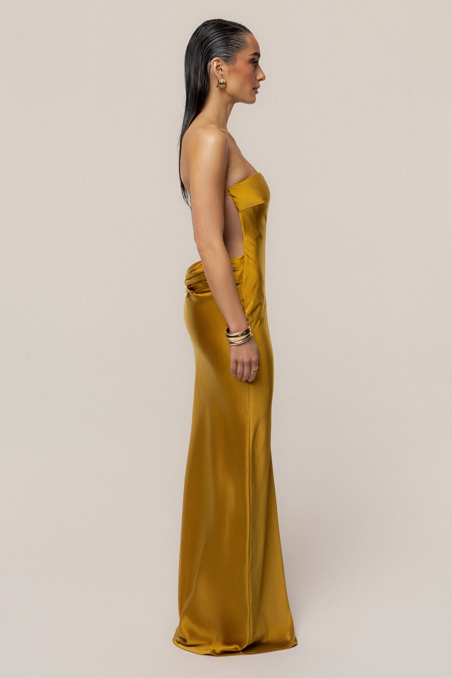 Gold Regal Rising Satin Maxi Dress