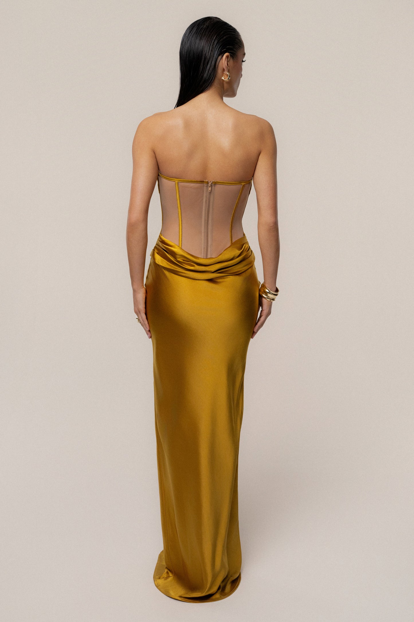 Gold Regal Rising Satin Maxi Dress
