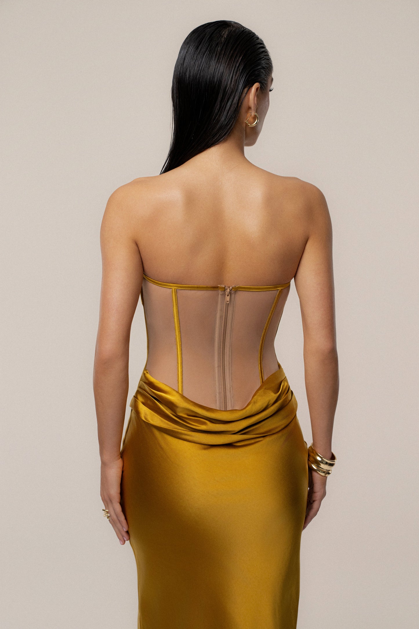 Gold Regal Rising Satin Maxi Dress