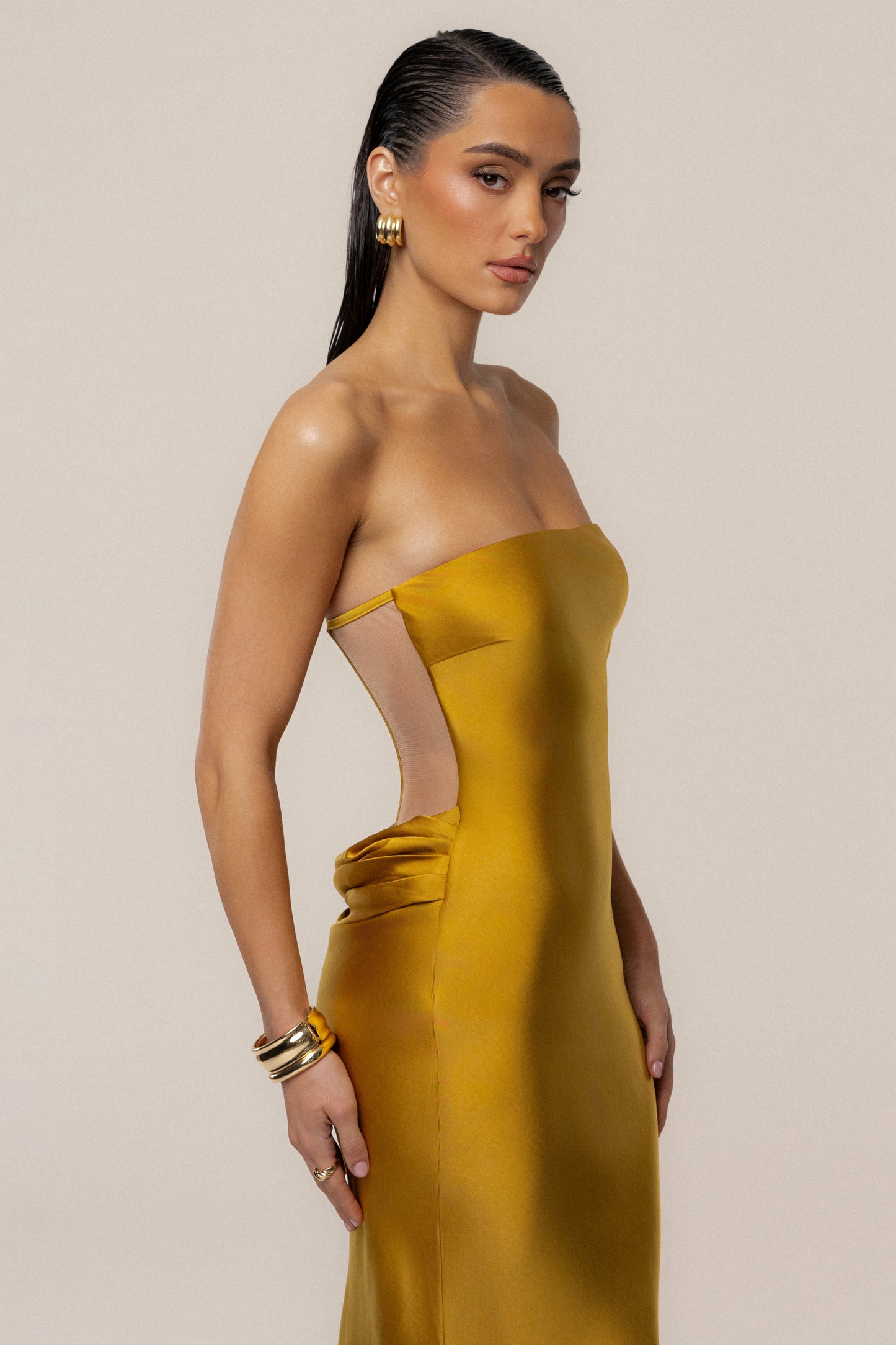 Gold Regal Rising Satin Maxi Dress