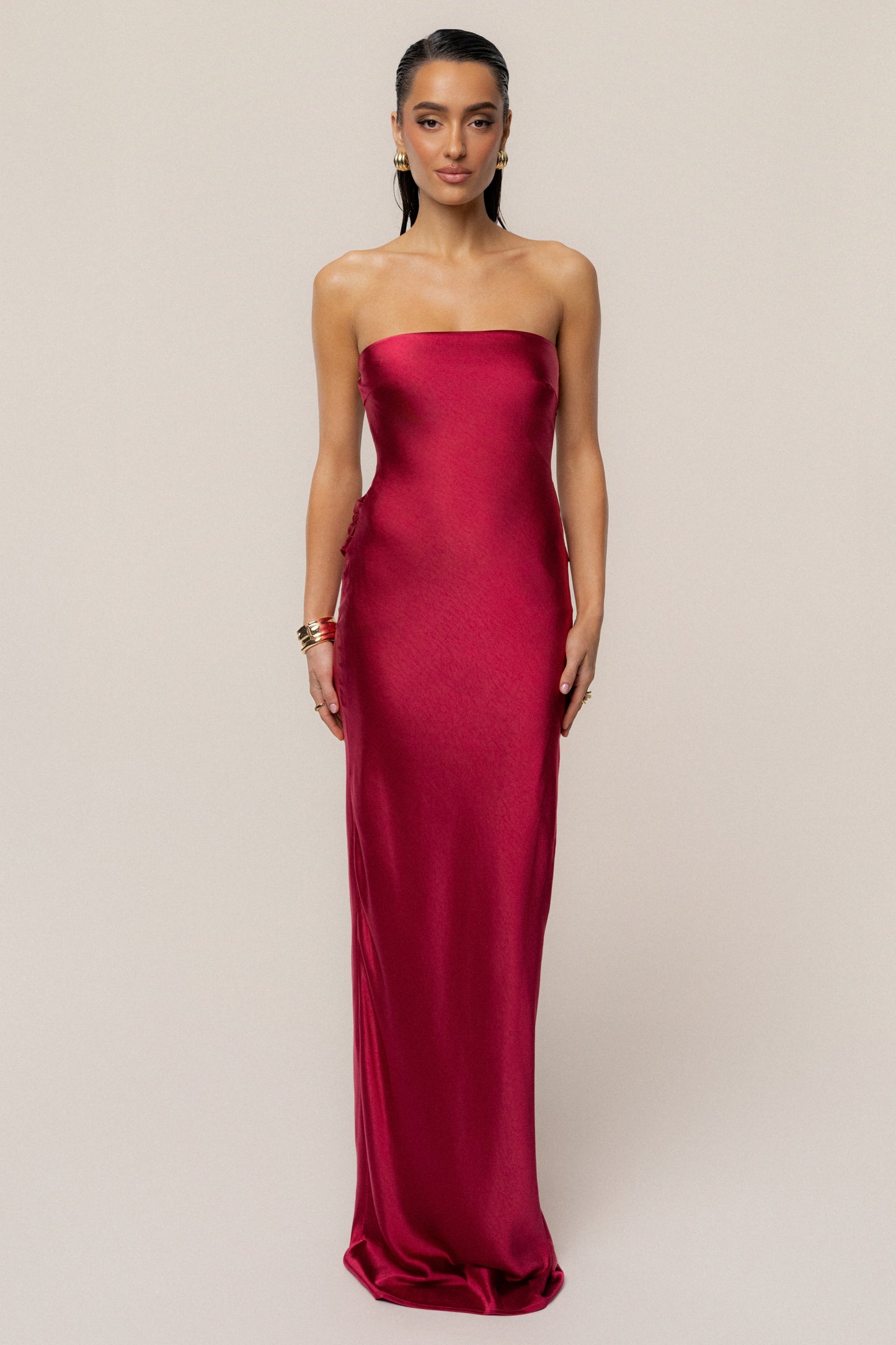 Red Regal Rising Satin Maxi Dress