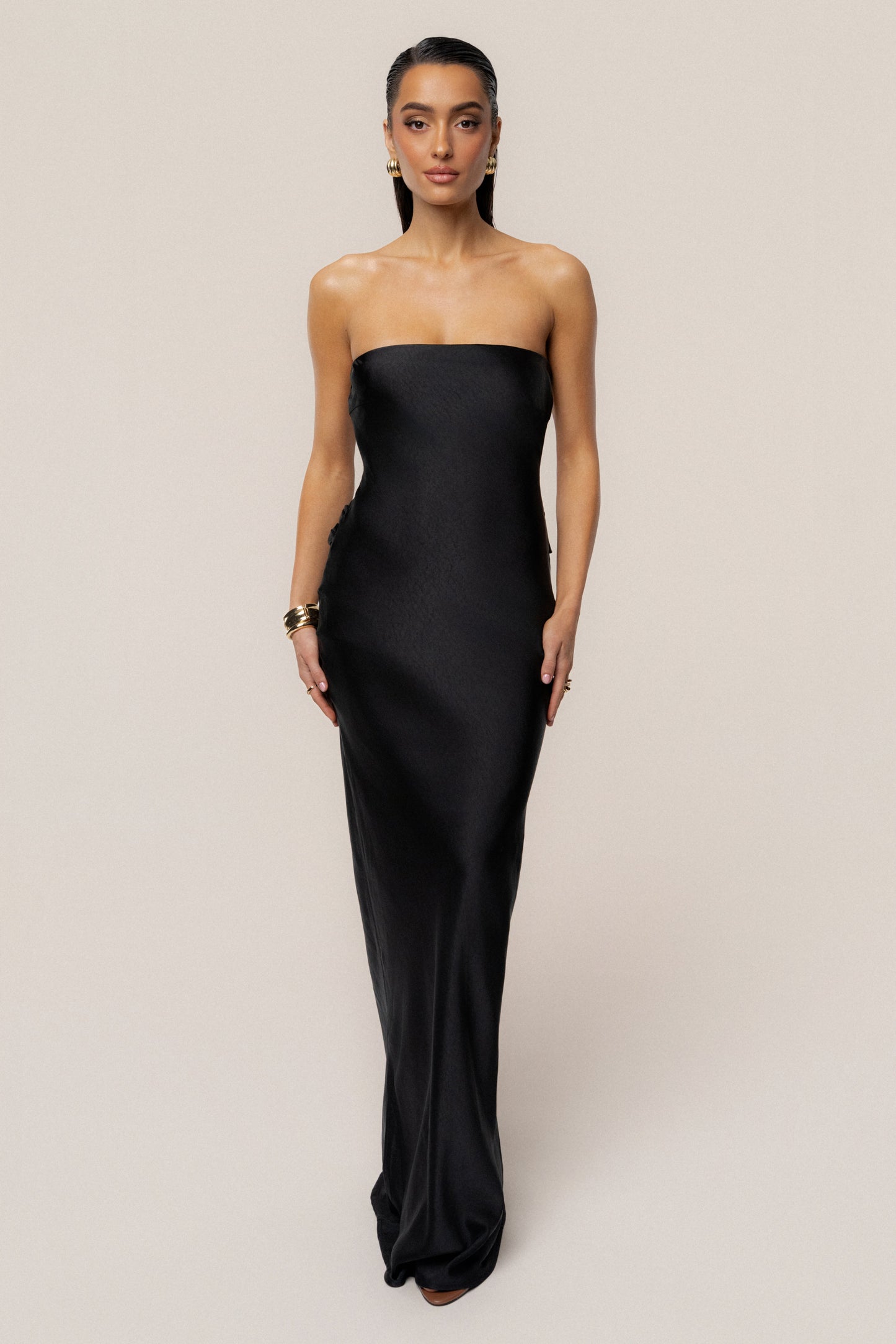 Black Regal Rising Satin Maxi Dress