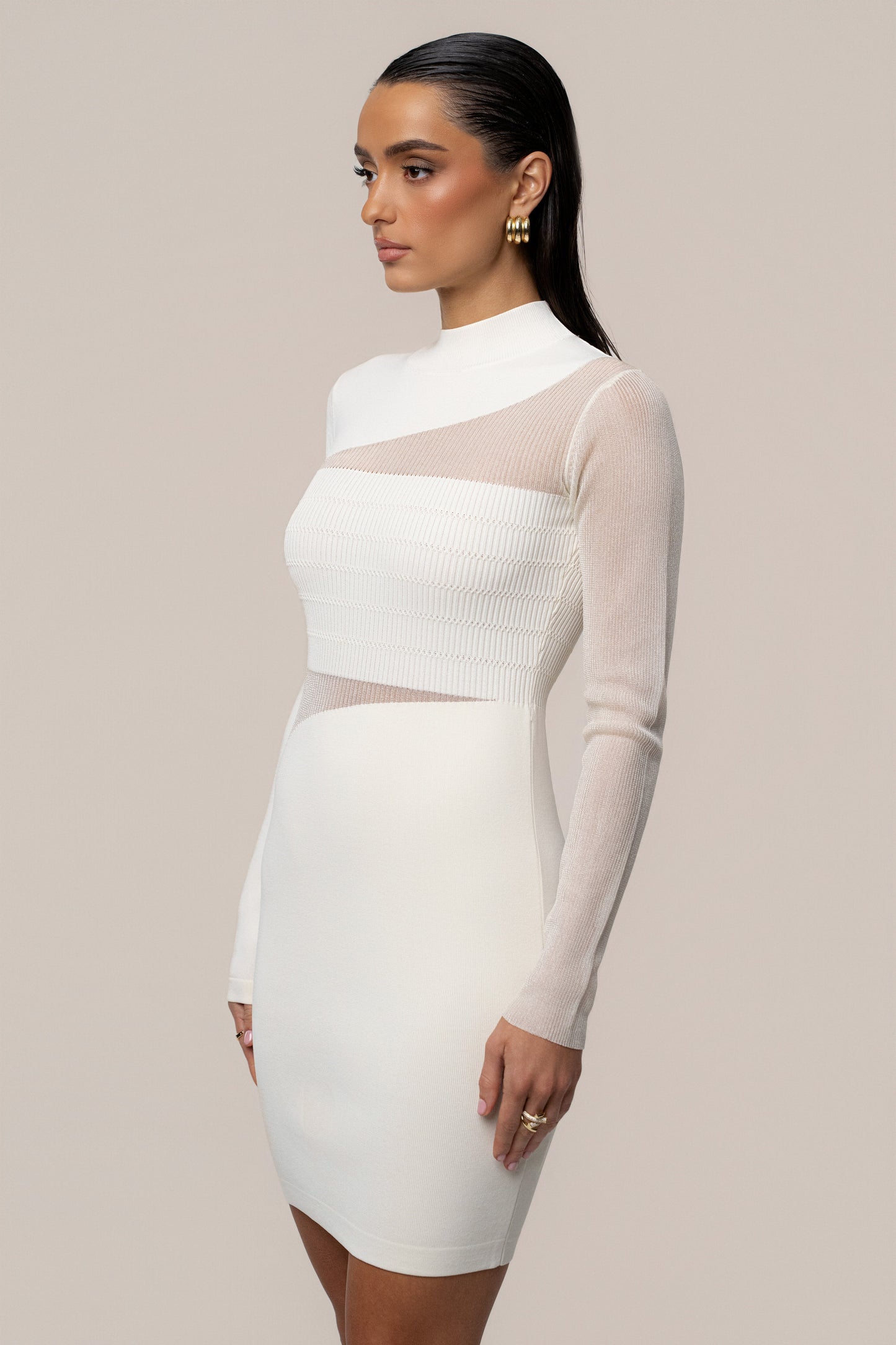 Ivory Sheer Knit Mock Neck Dress