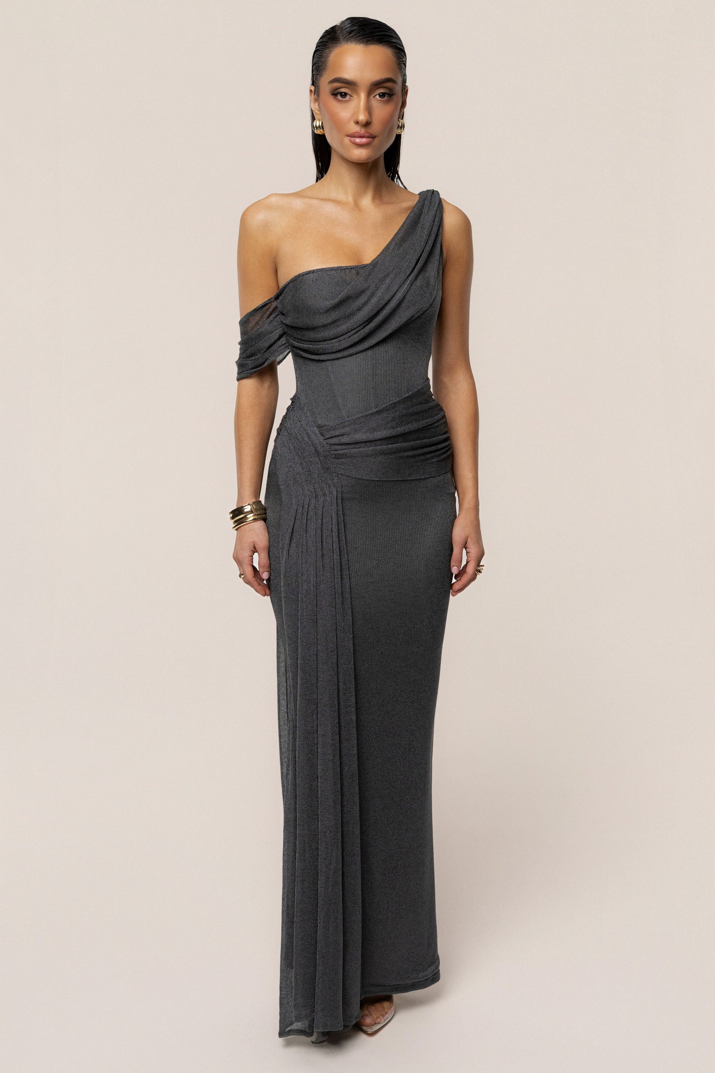 Gun Metal Draped Metallic Maxi Dress