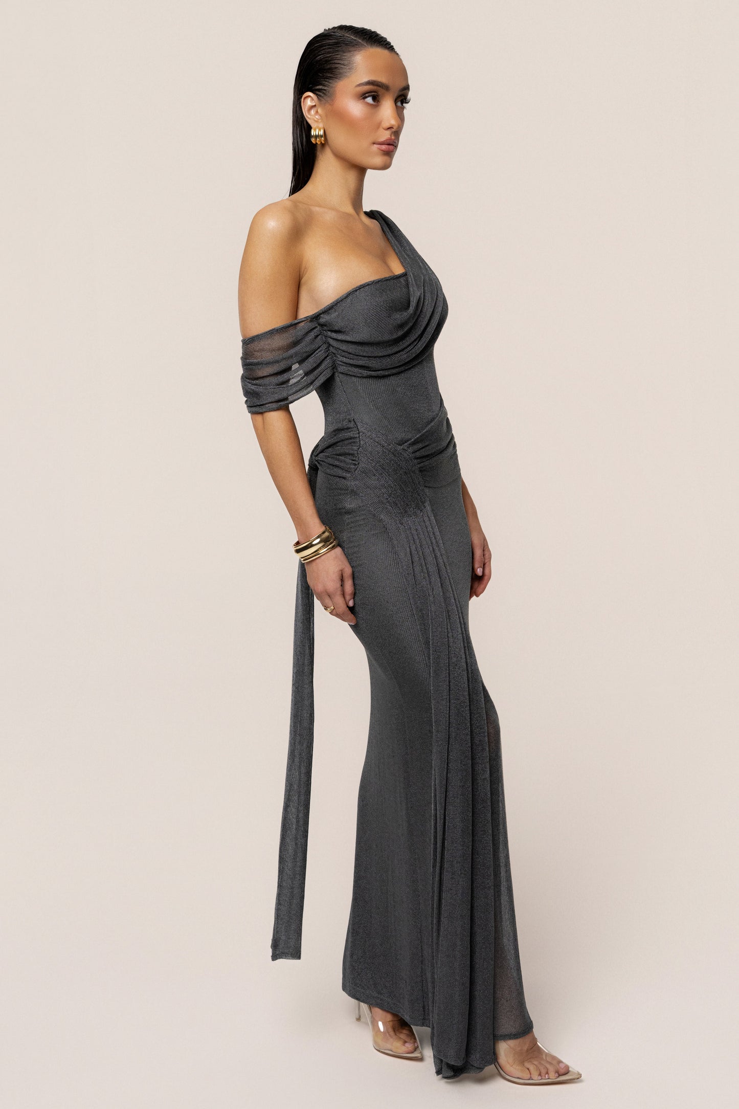 Gun Metal Draped Metallic Maxi Dress