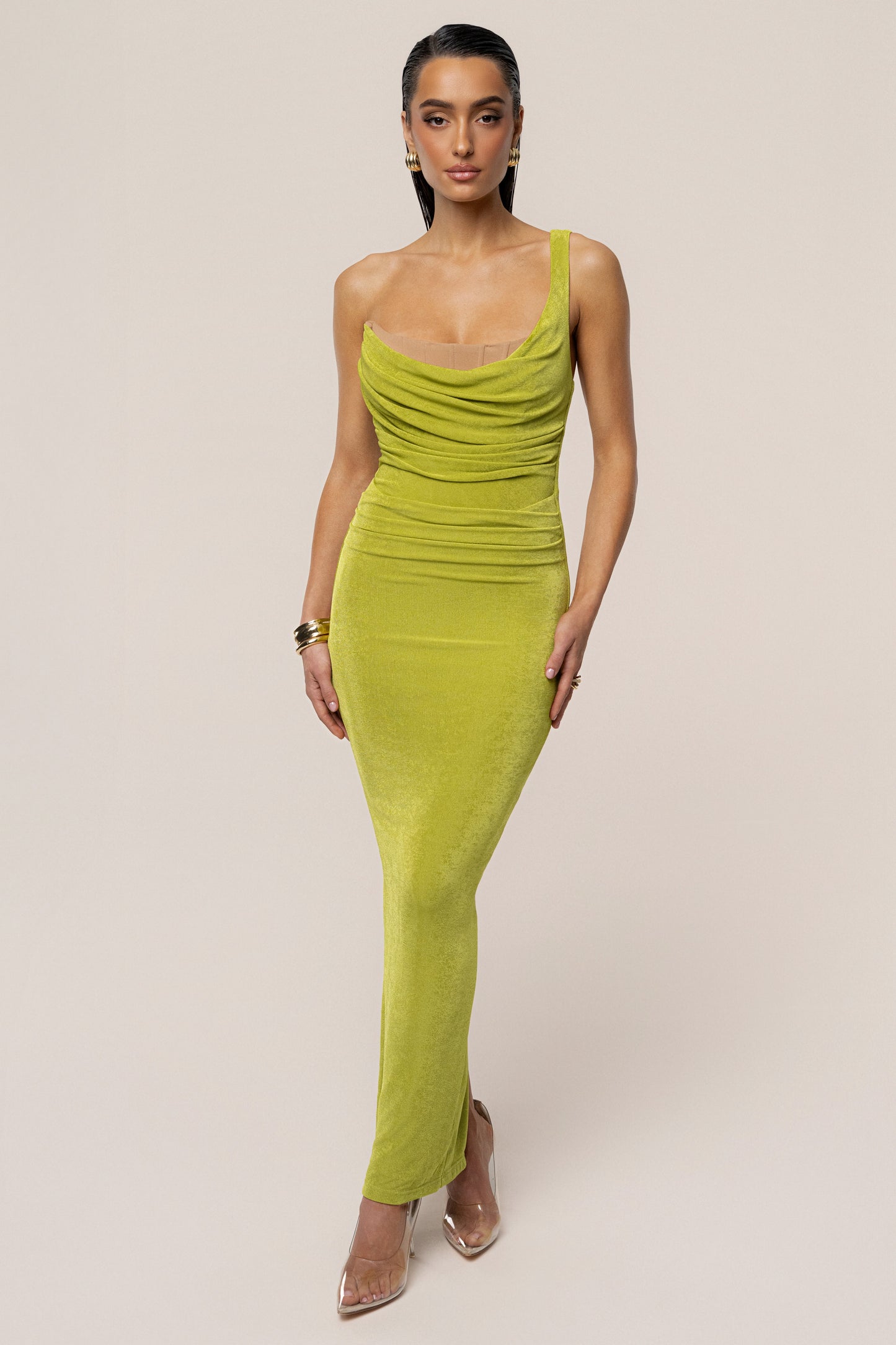 Lime Green Slinky Krishna One Shoulder Maxi Dress