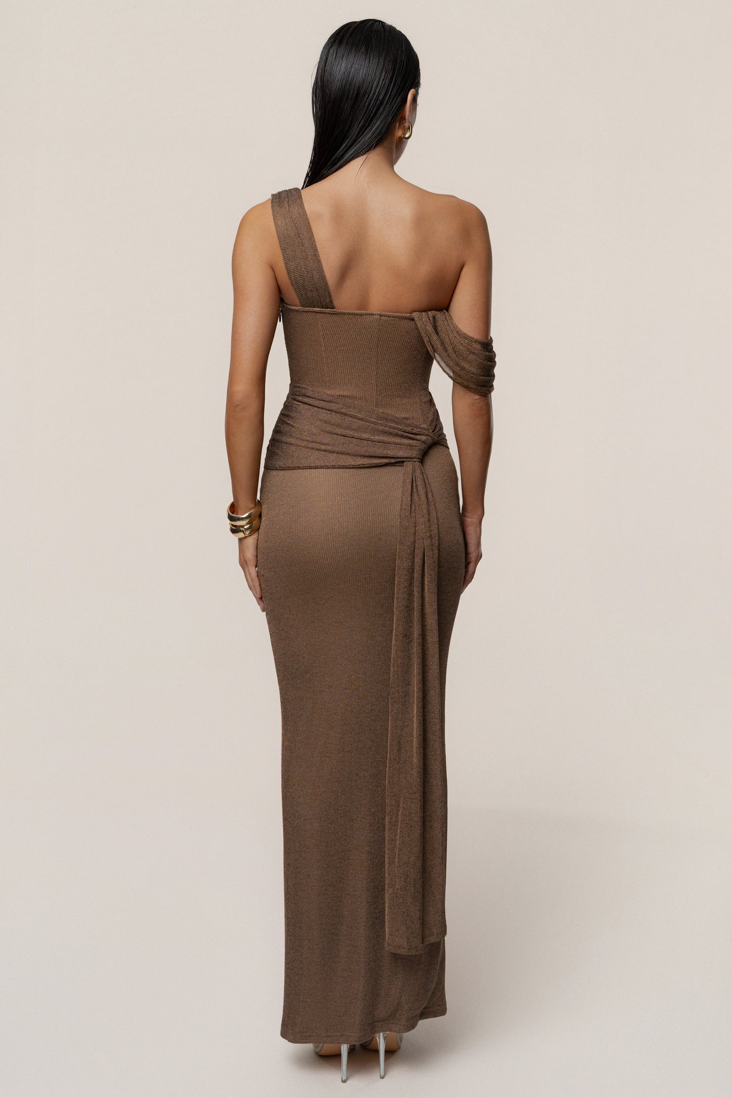 Bronze Draped Metallic Maxi Dress