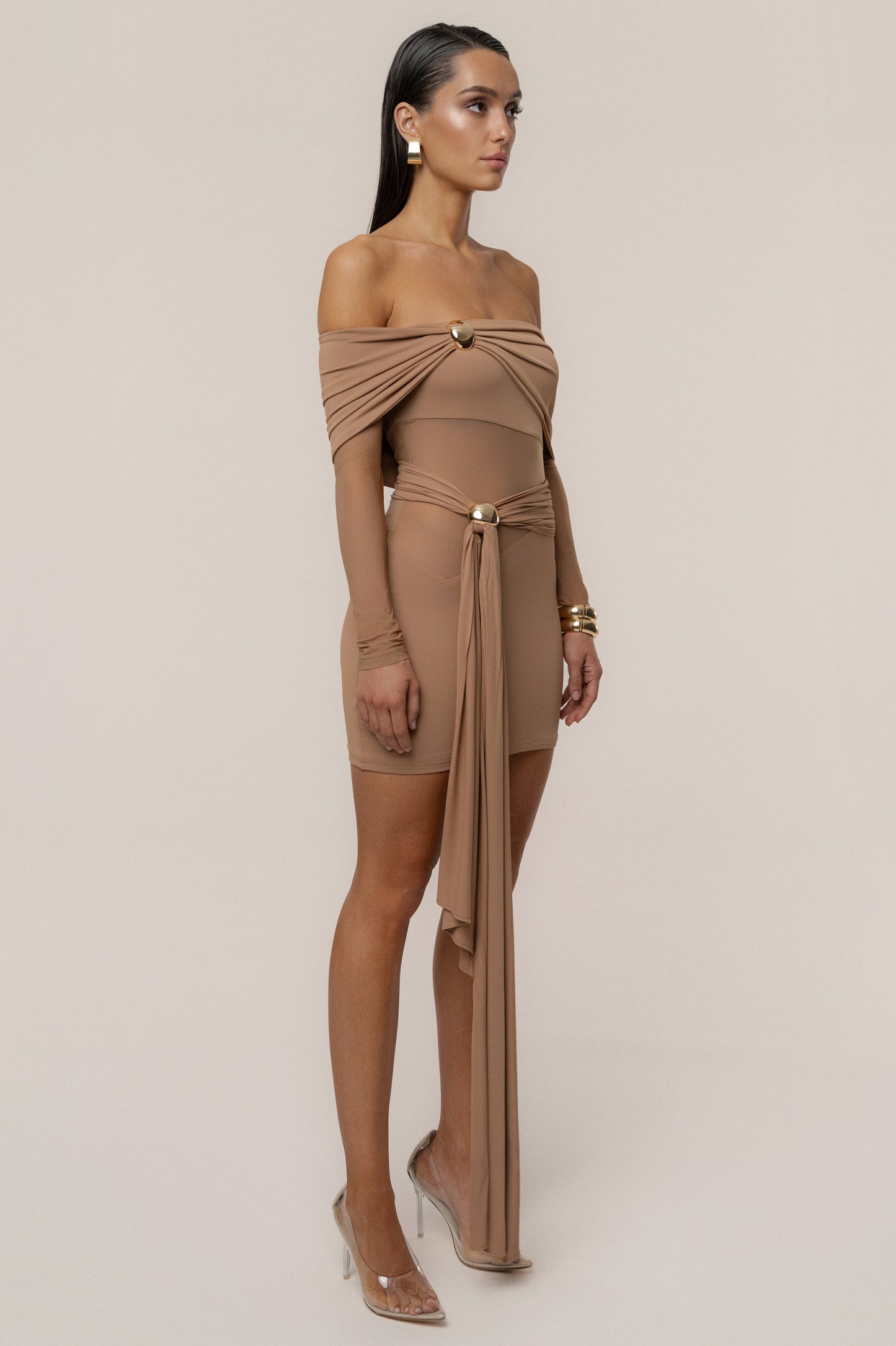 Beige Glow State Drape Dress