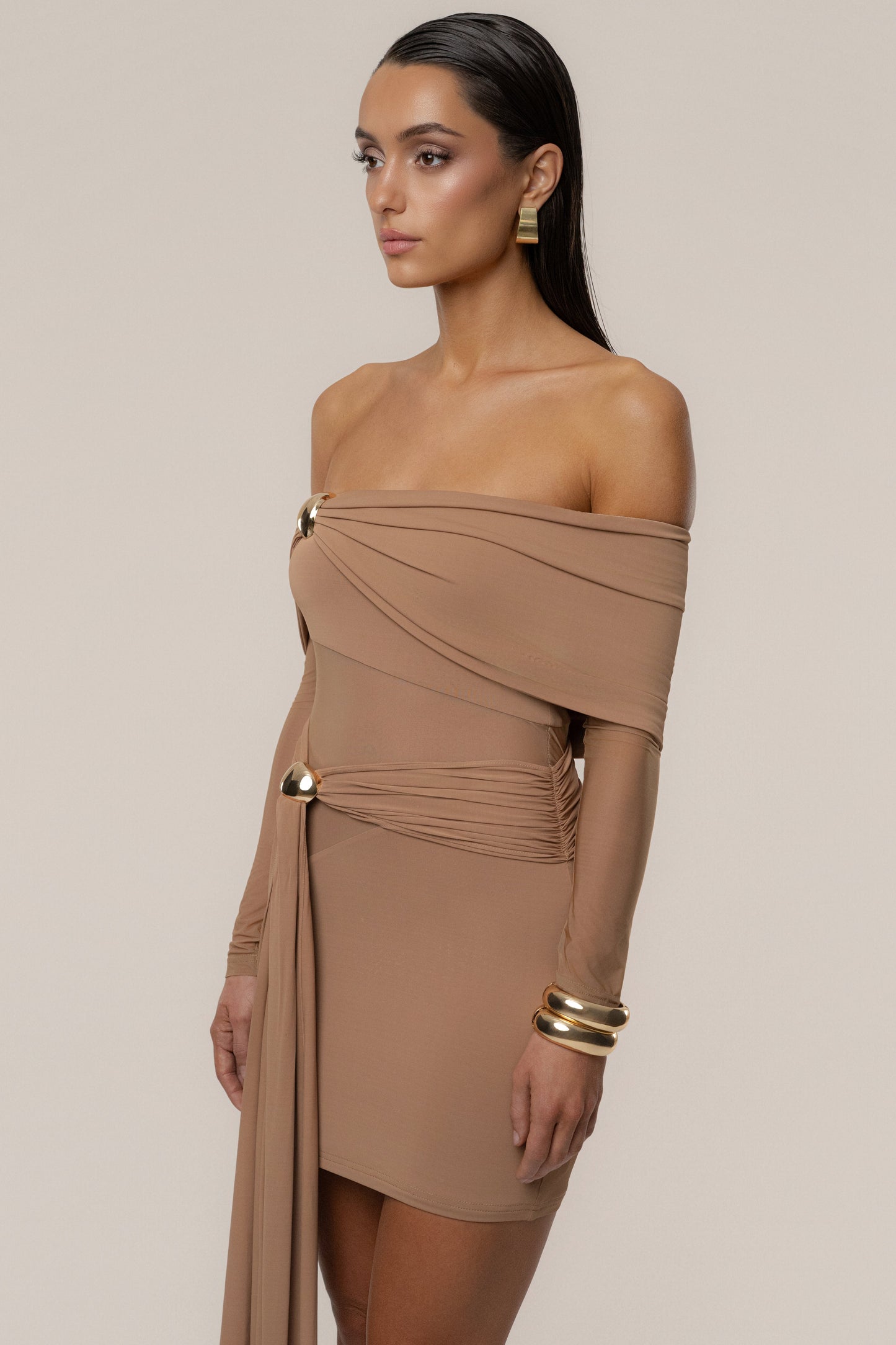 Beige Glow State Drape Dress