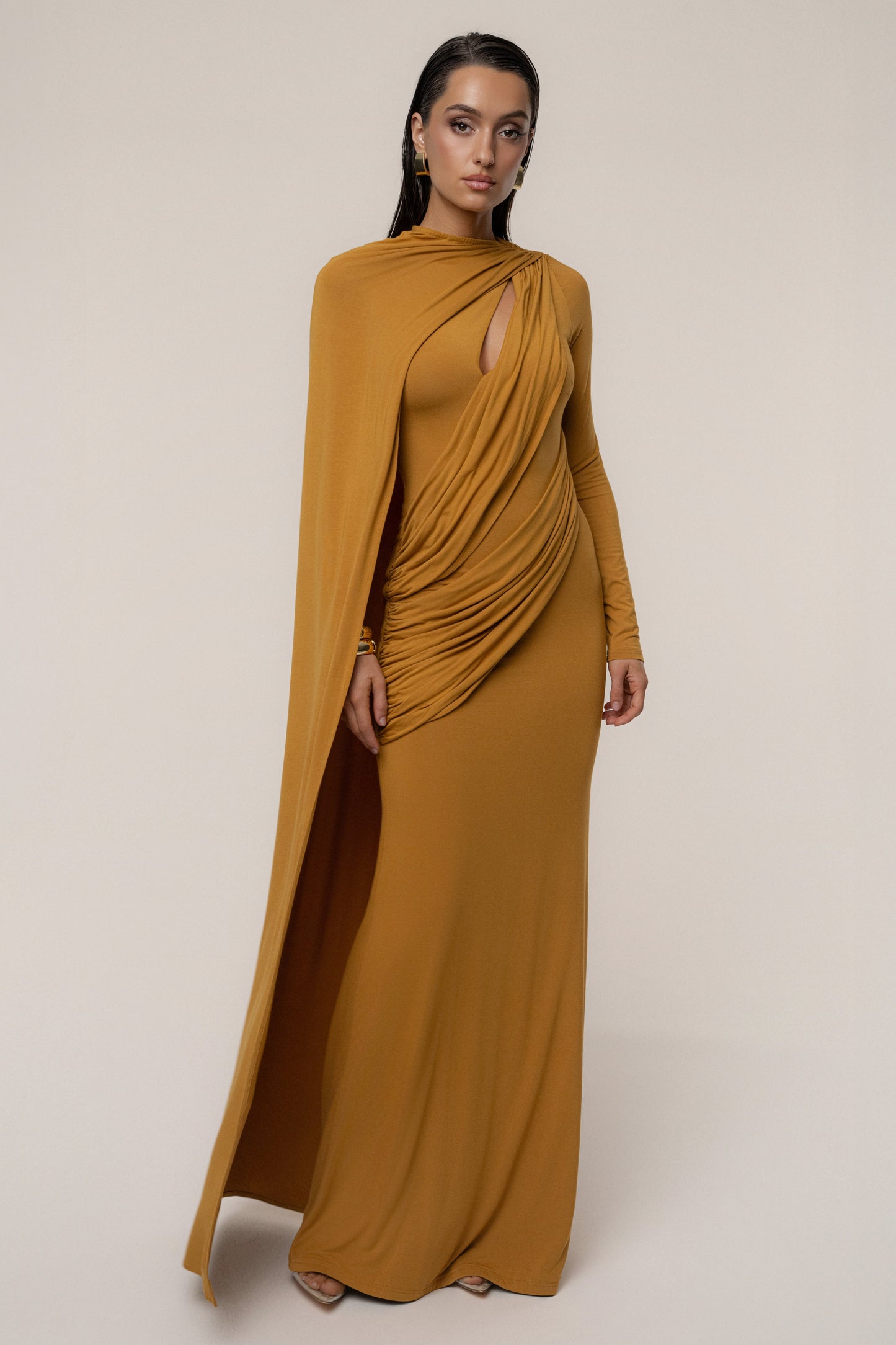Gold Draped Elegance Cape Dress