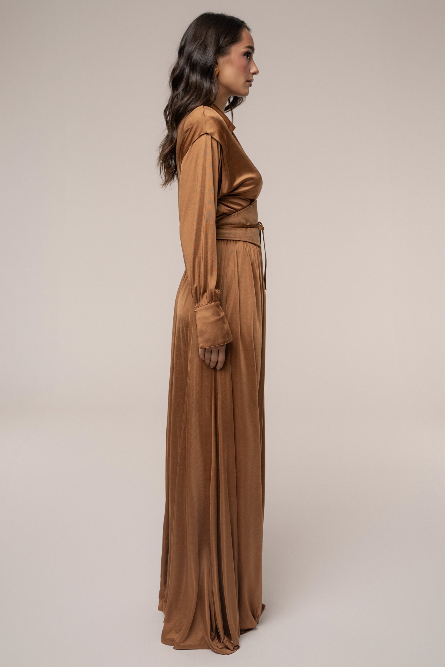 Tan High Line Collar Maxi Dress