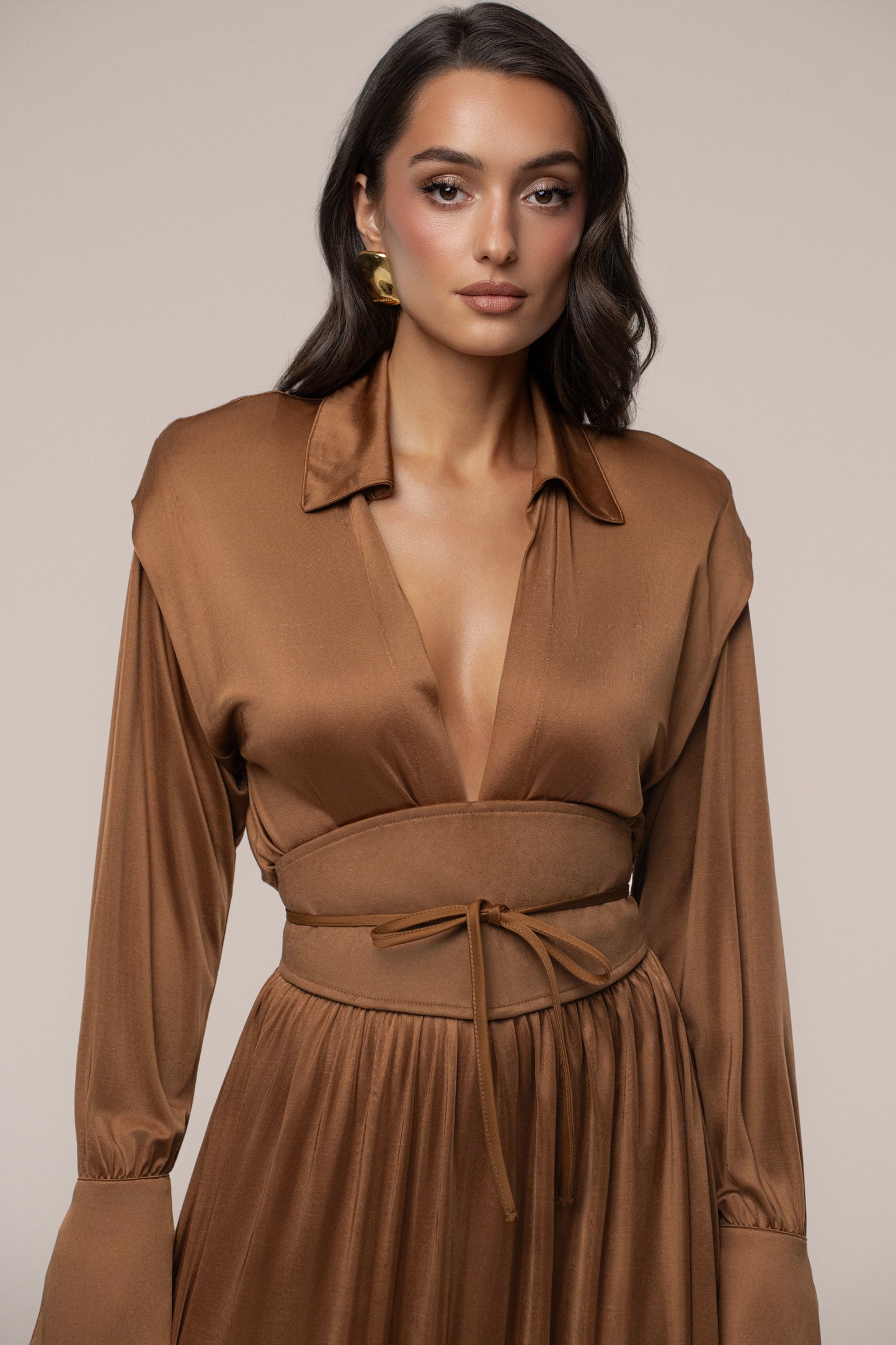Tan High Line Collar Maxi Dress