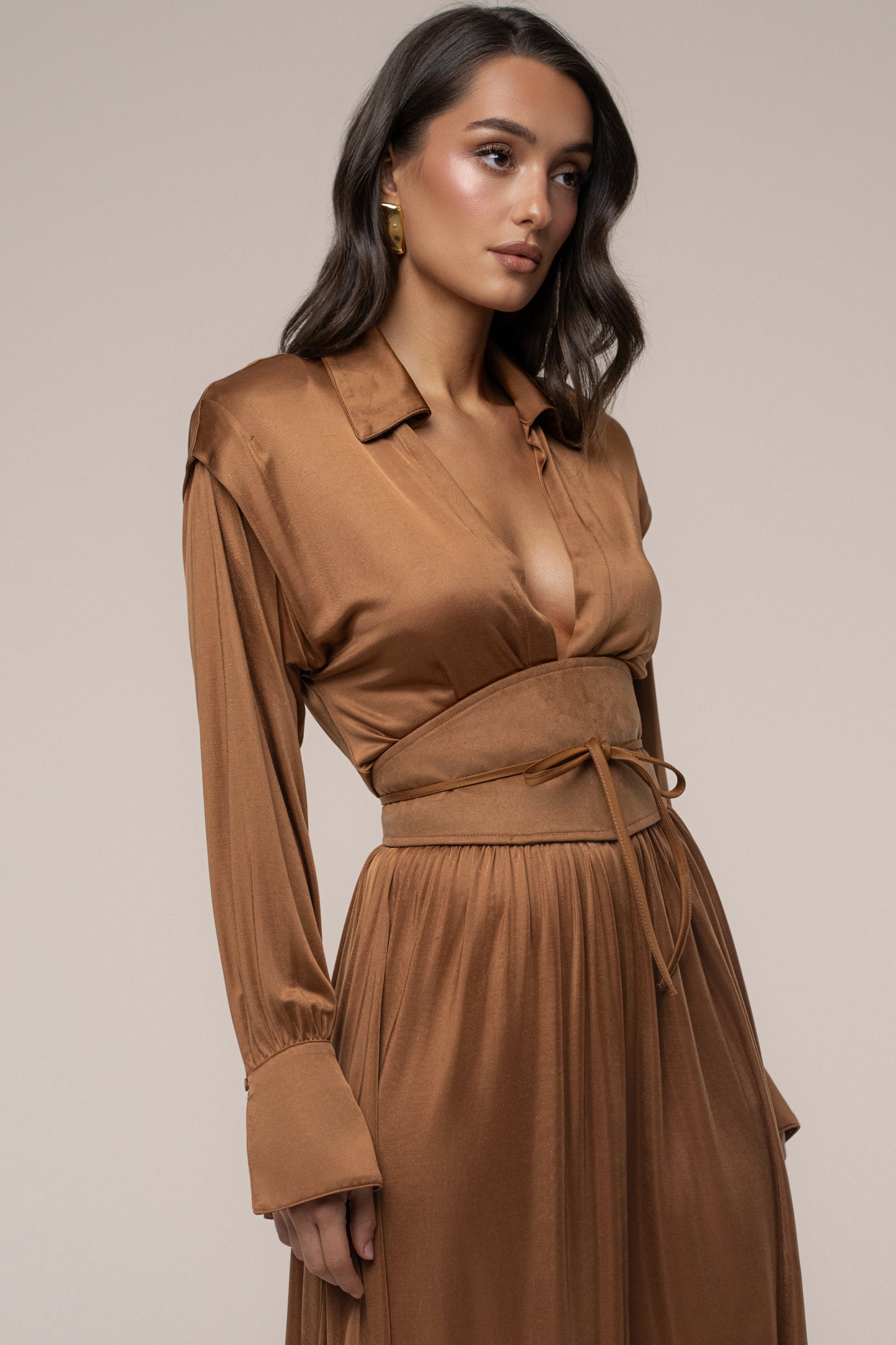 Tan High Line Collar Maxi Dress
