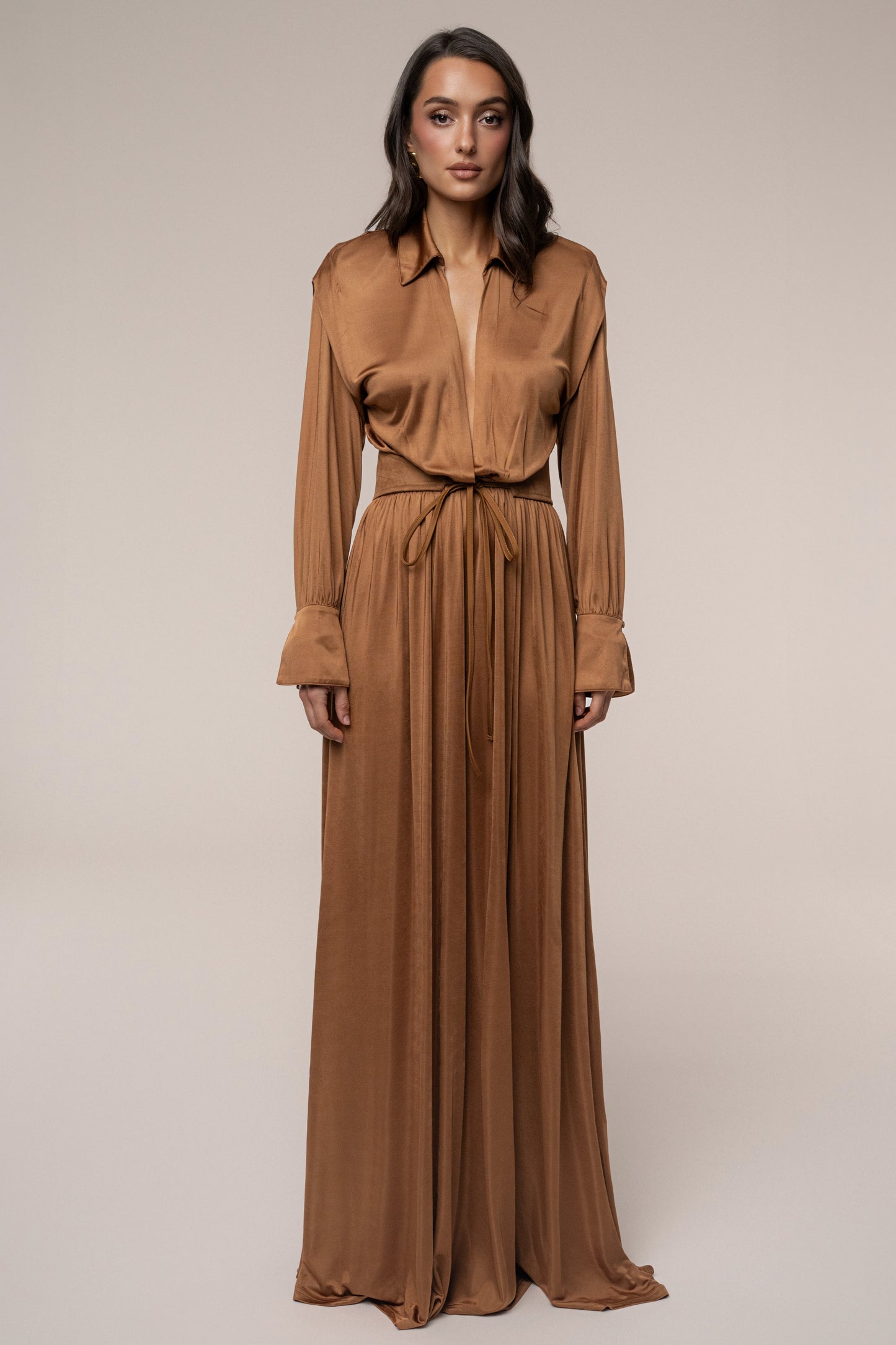 Tan High Line Collar Maxi Dress