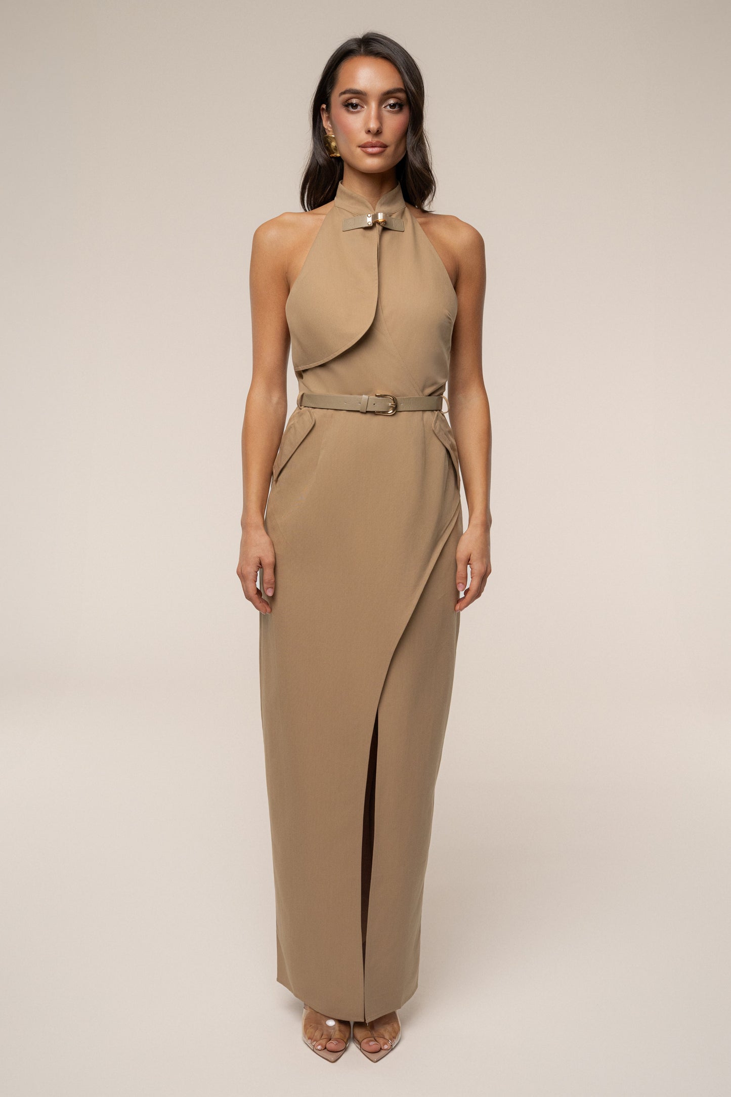 Tan Aria Keyhole Maxi Dress