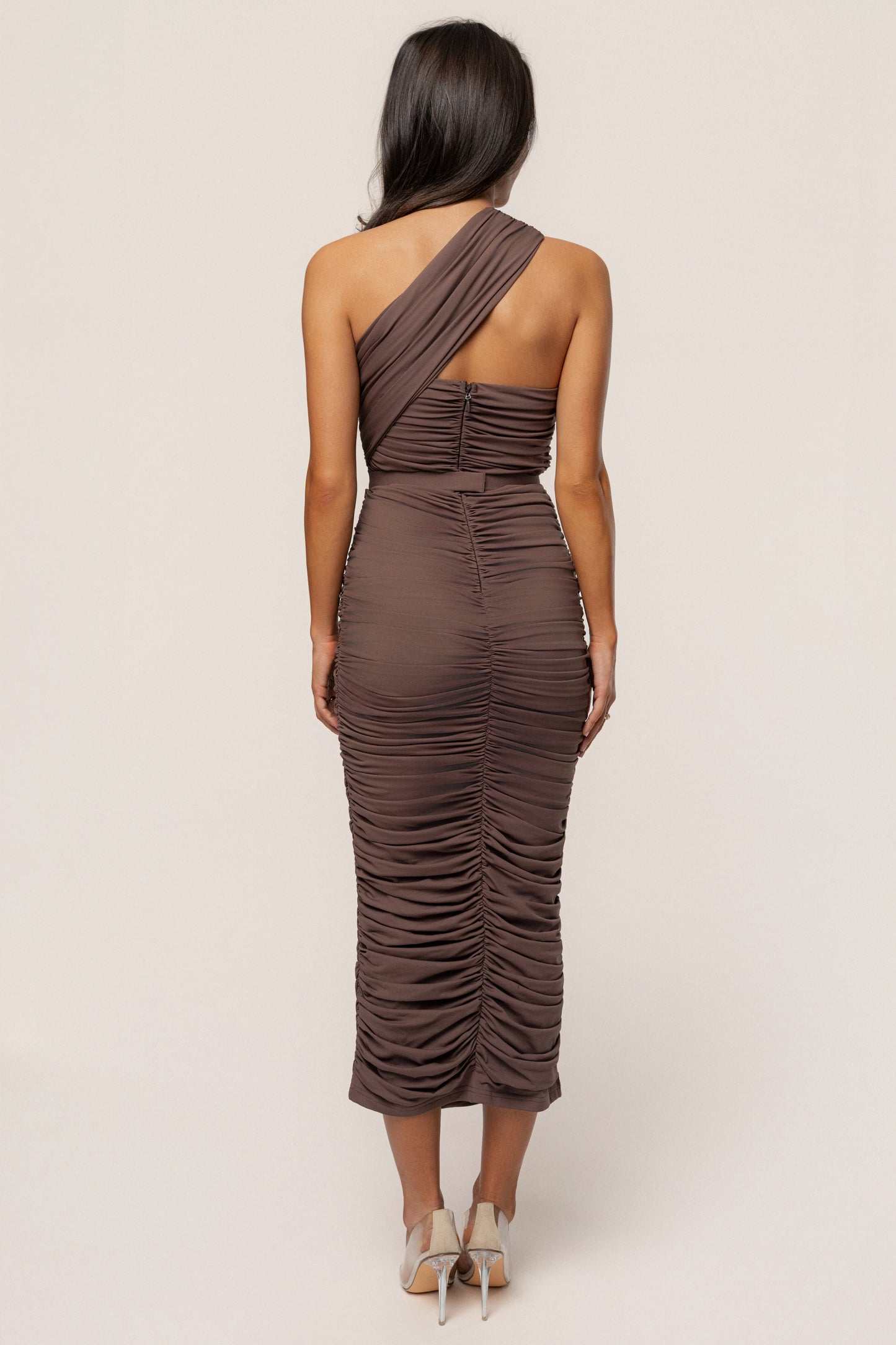 Brown Opulent Ruched Midi Dress