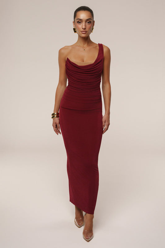 Burgundy Slinky Krishna One Shoulder Maxi Dress
