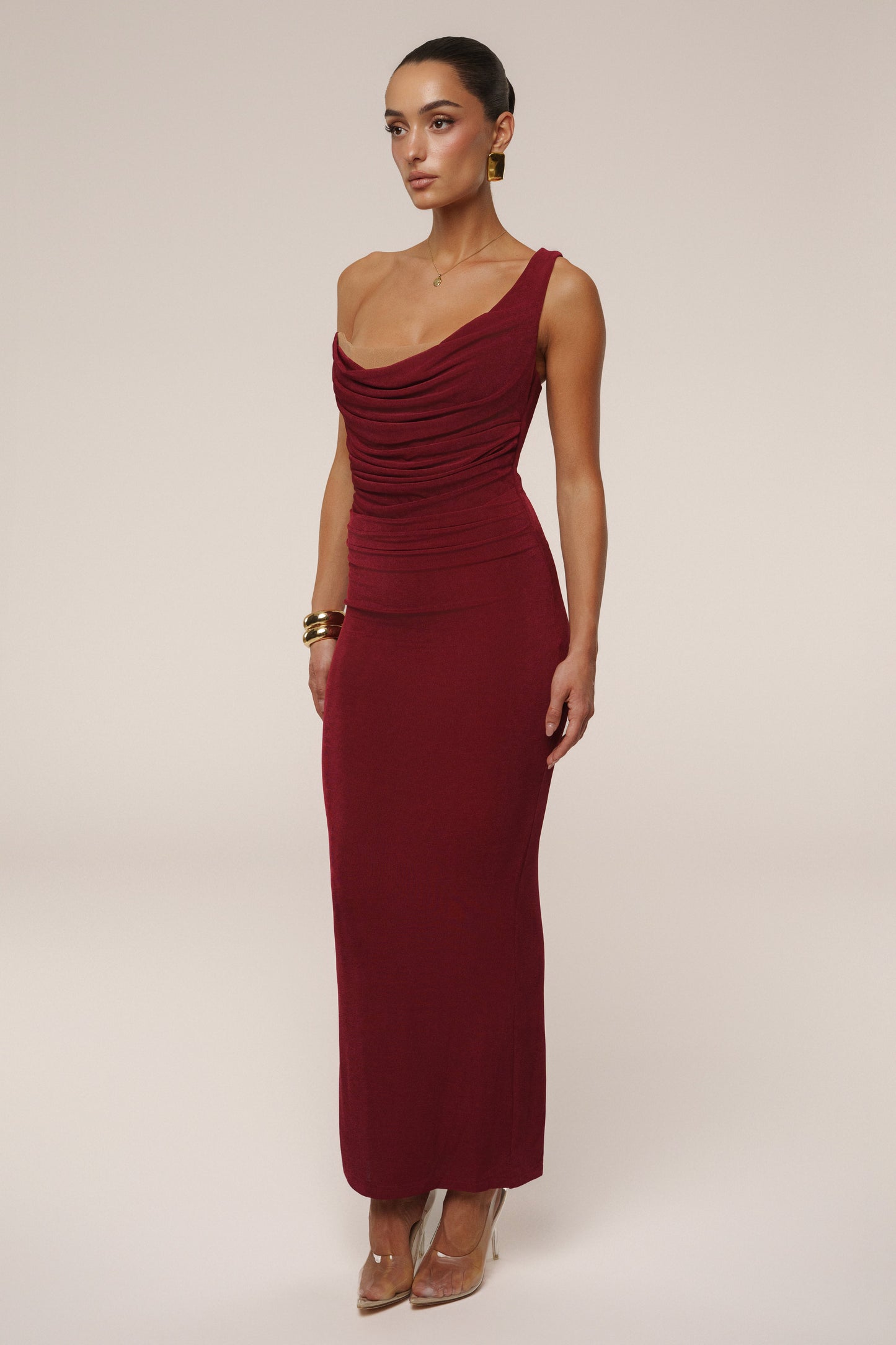 Burgundy Slinky Krishna One Shoulder Maxi Dress