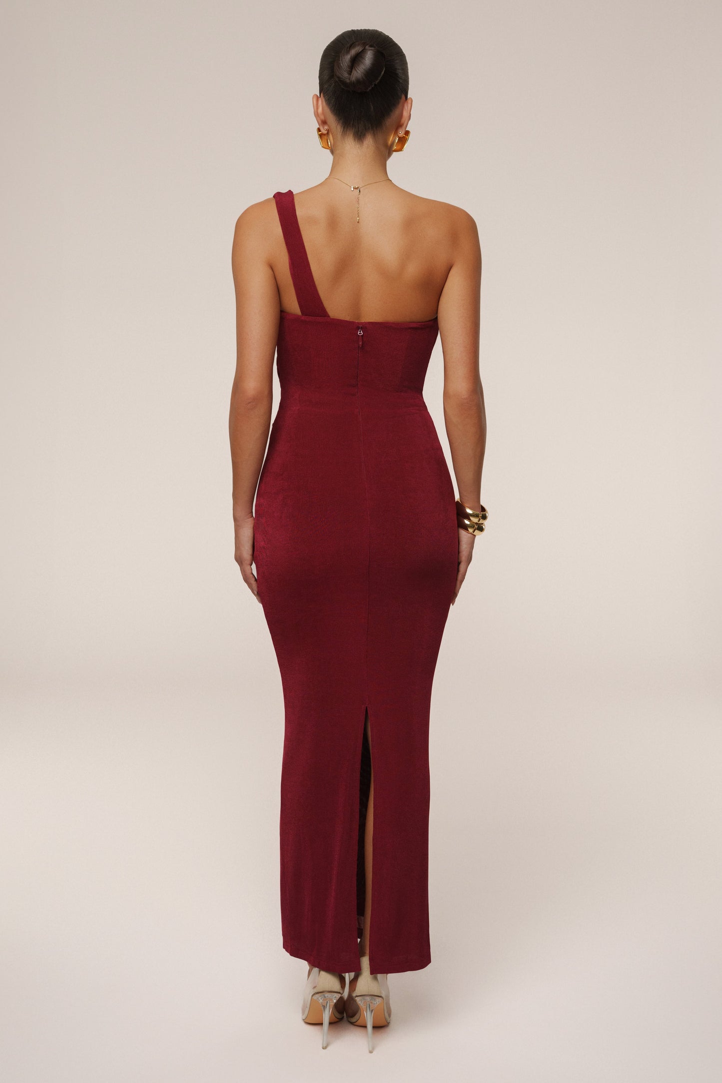Burgundy Slinky Krishna One Shoulder Maxi Dress