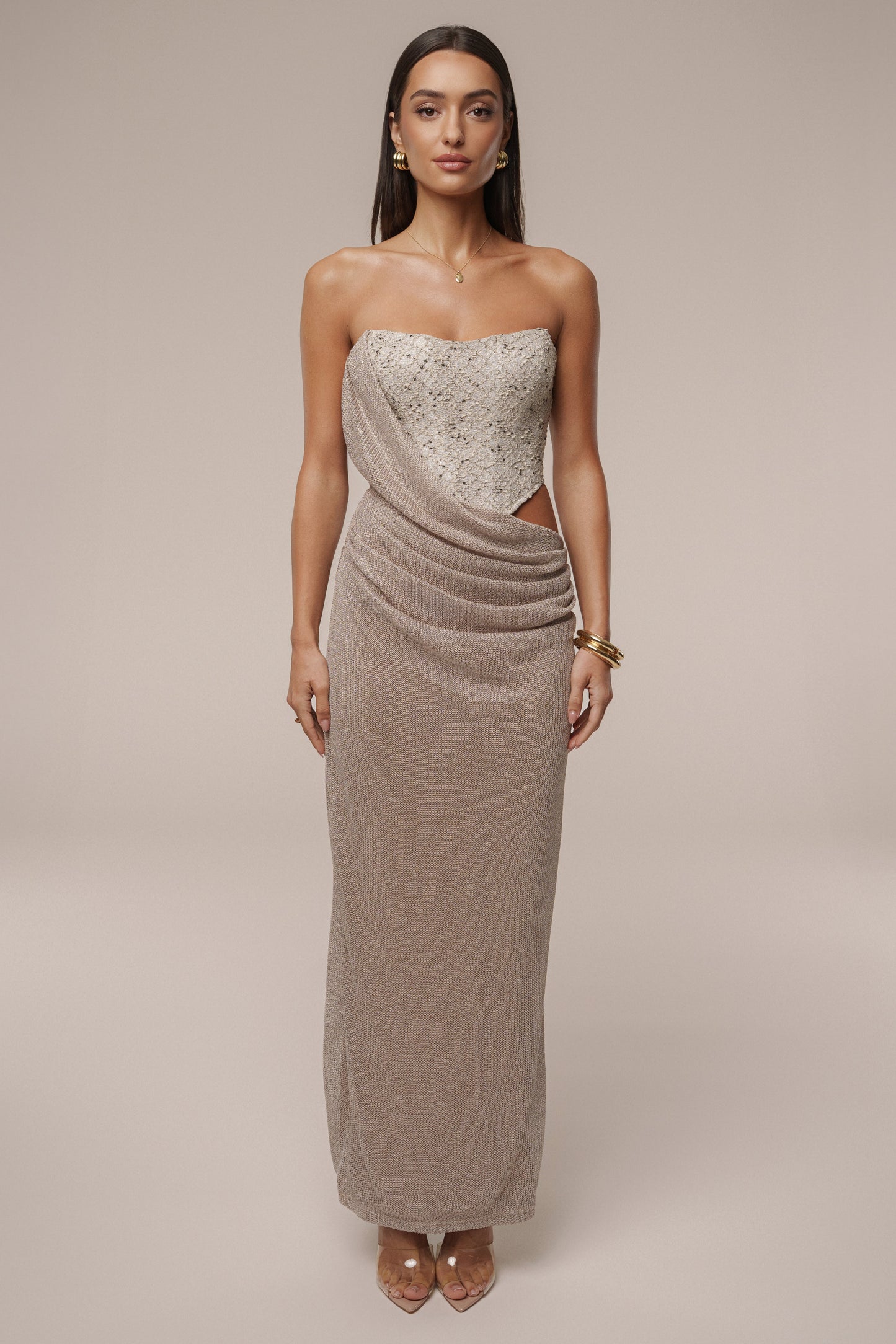 Beige Stellar Sequin Maxi Dress