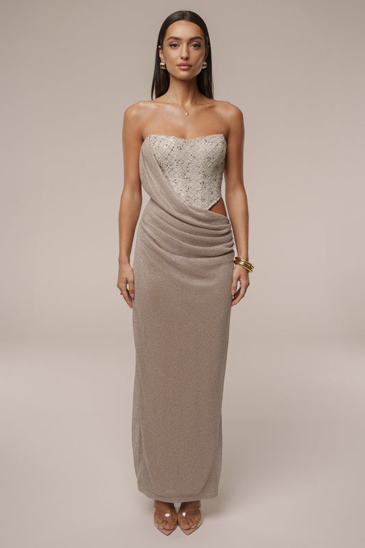 Beige Stellar Sequin Maxi Dress